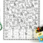 A black and white “I Spy Zoo Animals” printable worksheet with cartoon animals including giraffes, elephants, lions, and flamingos. The page is surrounded by a green beaded necklace and a box of Crayola crayons. At the bottom, bold text reads “Free Zoo Animals I Spy Printable.”