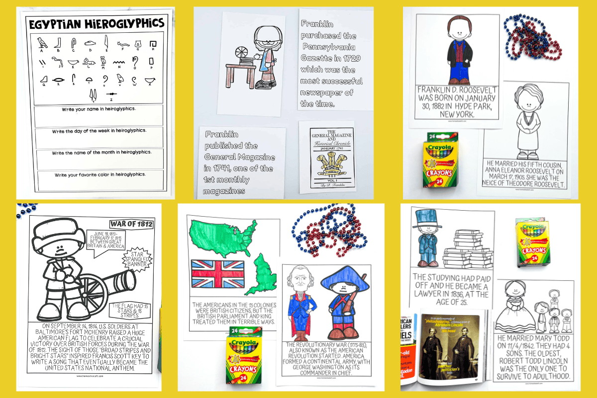 A collage of printable history worksheets for kids, featuring activities on Egyptian hieroglyphics, the Revolutionary War, and U.S. presidents like Lincoln and Roosevelt, alongside Crayola crayons and beaded counters—perfect for hands-on homeschool history lessons.