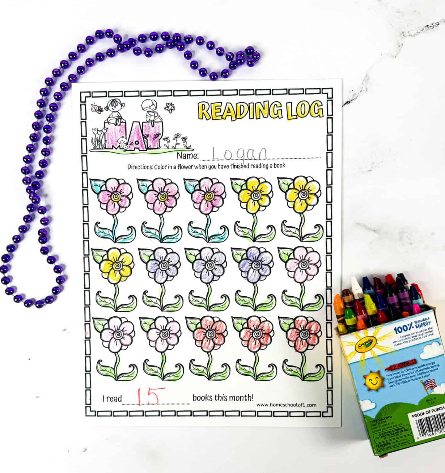 Partially colored May reading log for kids featuring 15 flower illustrations, where each flower represents a book read. This printable reading tracker helps children stay motivated and visually track their monthly reading goals.