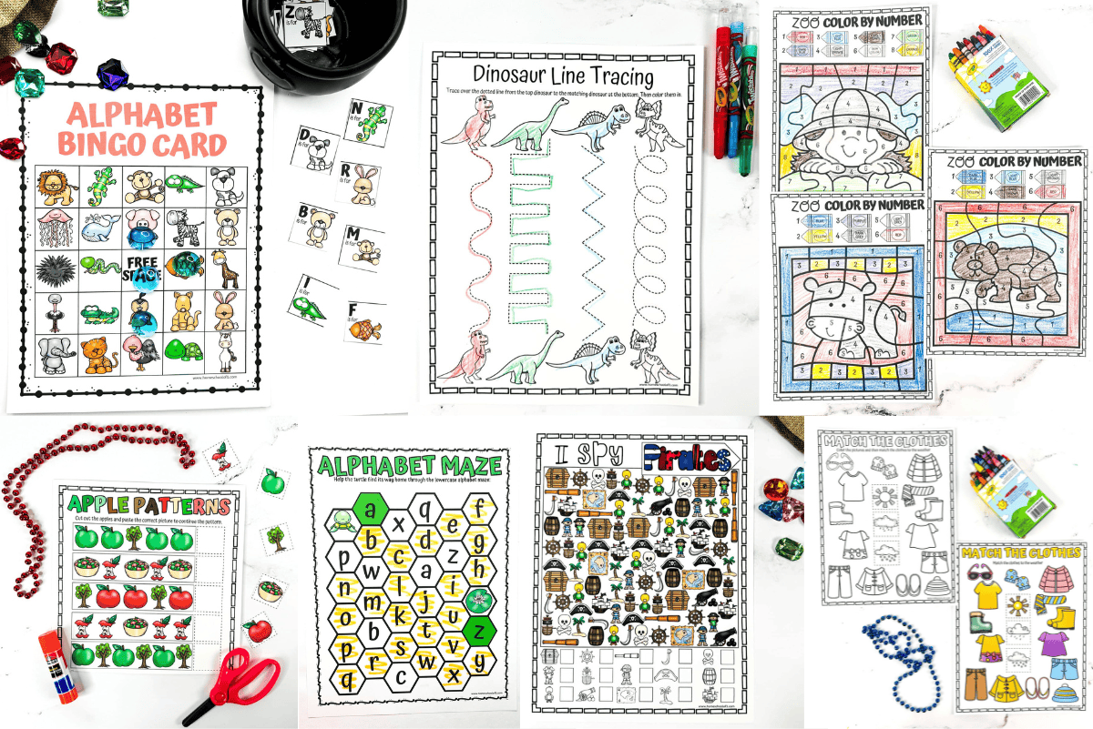 A bright flat lay of preschool activity worksheets, including an alphabet bingo card with matching letter tiles, a dinosaur-themed line tracing page, zoo animal color-by-number sheets, a visual apple patterns activity, a bold alphabet maze, an “I Spy Pirates” search game, and two “Match the Clothes” worksheets—one in black and white and one in color. Surrounding the pages are crayons, scissors, beads, and game pieces, adding a playful learning vibe.