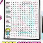 Completed summer word search printable featuring 24 summer-themed words like “sunhat,” “barbecue,” and “ice cream,” circled in pastel blue and pink. The worksheet is surrounded by pink beads and includes a beach ball and cartoon character illustration, making it a fun seasonal learning activity.