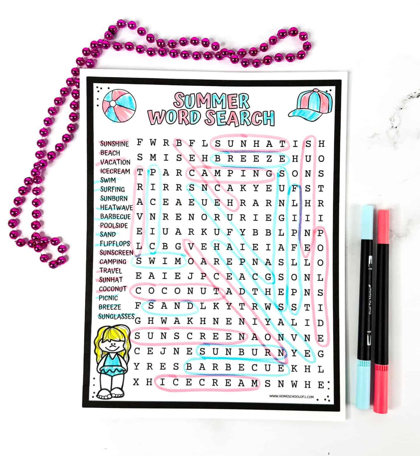 Answer key for the summer word search puzzle, showing all 24 hidden words clearly marked and color-coded. A handy printable for teachers or homeschoolers looking to check or guide word search completion.