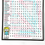 Summer word search printable with all words highlighted in color, including camping, sunglasses, coconut, and poolside. Surrounded by summer-themed doodles and pink beads, this kid-friendly word puzzle is perfect for end-of-year classroom activities or vacation fun.
