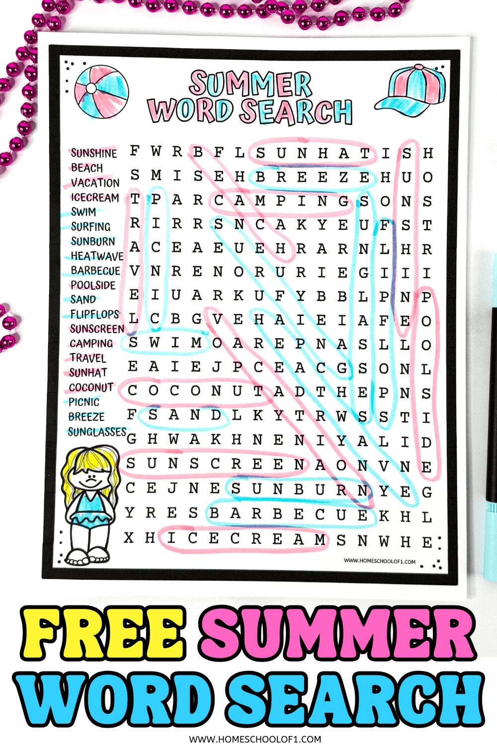 Completed summer word search printable featuring 24 summer-themed words like “sunhat,” “barbecue,” and “ice cream,” circled in pastel blue and pink. The worksheet is surrounded by pink beads and includes a beach ball and cartoon character illustration, making it a fun seasonal learning activity.
