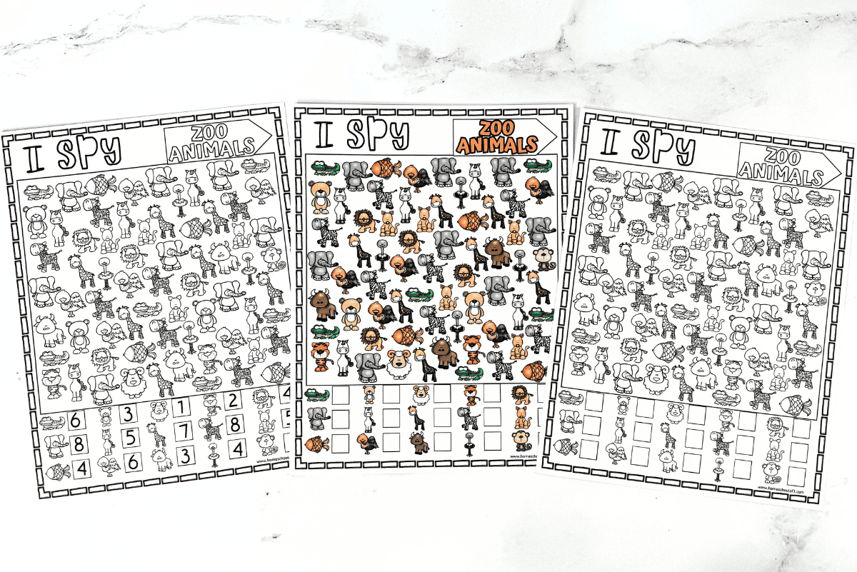A trio of “I Spy Zoo Animals” activity sheets on a white background, with the middle one in color and the side two in black and white. Each sheet features a search-and-find grid of cartoon zoo animals and a key at the bottom. Animals shown include zebras, elephants, lions, monkeys, and fish.