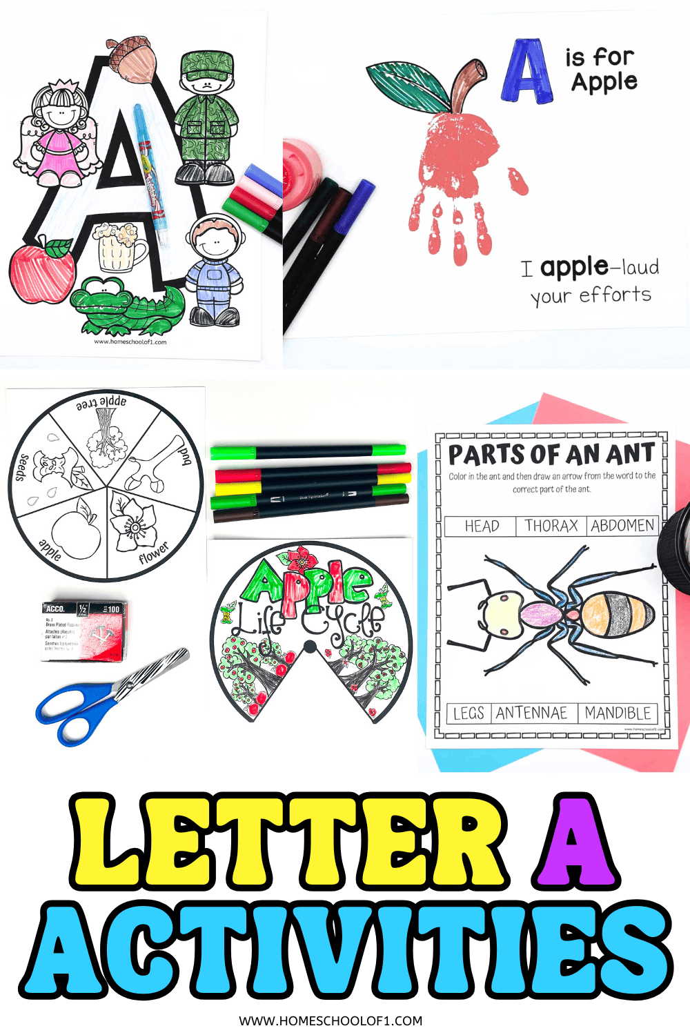 Hands-on letter A activities for preschool and kindergarten featuring apple and ant worksheets and alphabet crafts.