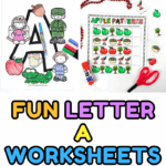 Fun letter A worksheets for early learners including apple pattern cut-and-paste, handprint craft, and insect life cycle wheels.