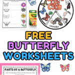 Free butterfly printables for kids featuring life cycle worksheets, scavenger hunts, tracing, and early math activities.