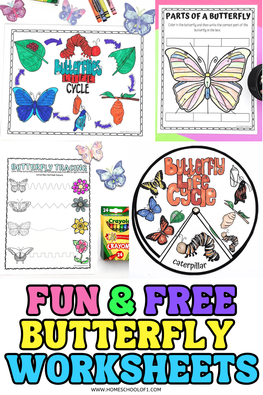 Free butterfly worksheets for kids with coloring pages, parts of a butterfly, tracing lines, counting, and science activities.


