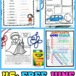A bright collage of free June printables for kids, including a June word scramble, "All About My Dad" Father's Day worksheet, a Betsy Ross coloring page, and a Juneteenth word search. Colorful beads and a Crayola crayon box add playful, festive flair.