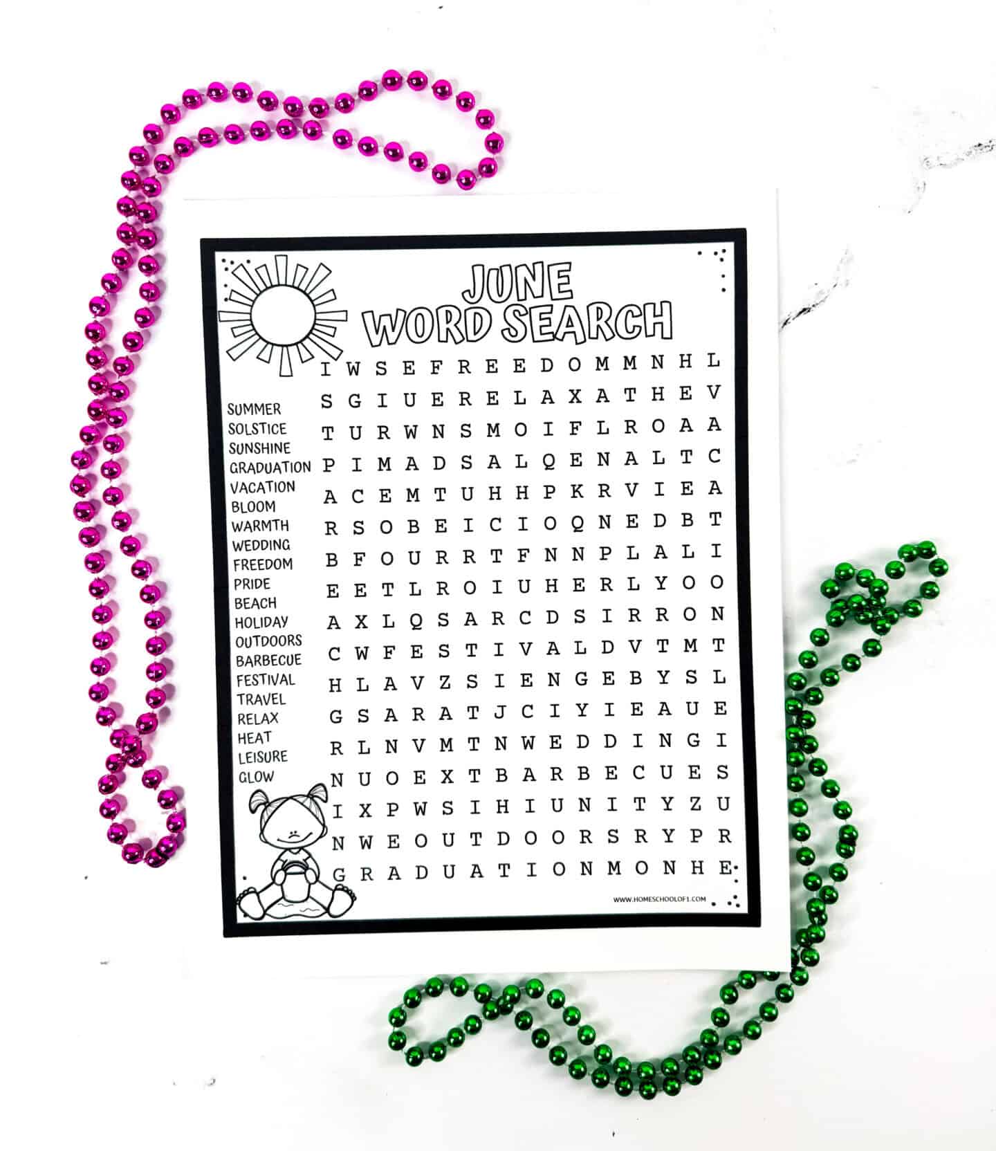 Black-and-white June word search puzzle for kids with summer vocabulary, ready to print and color.