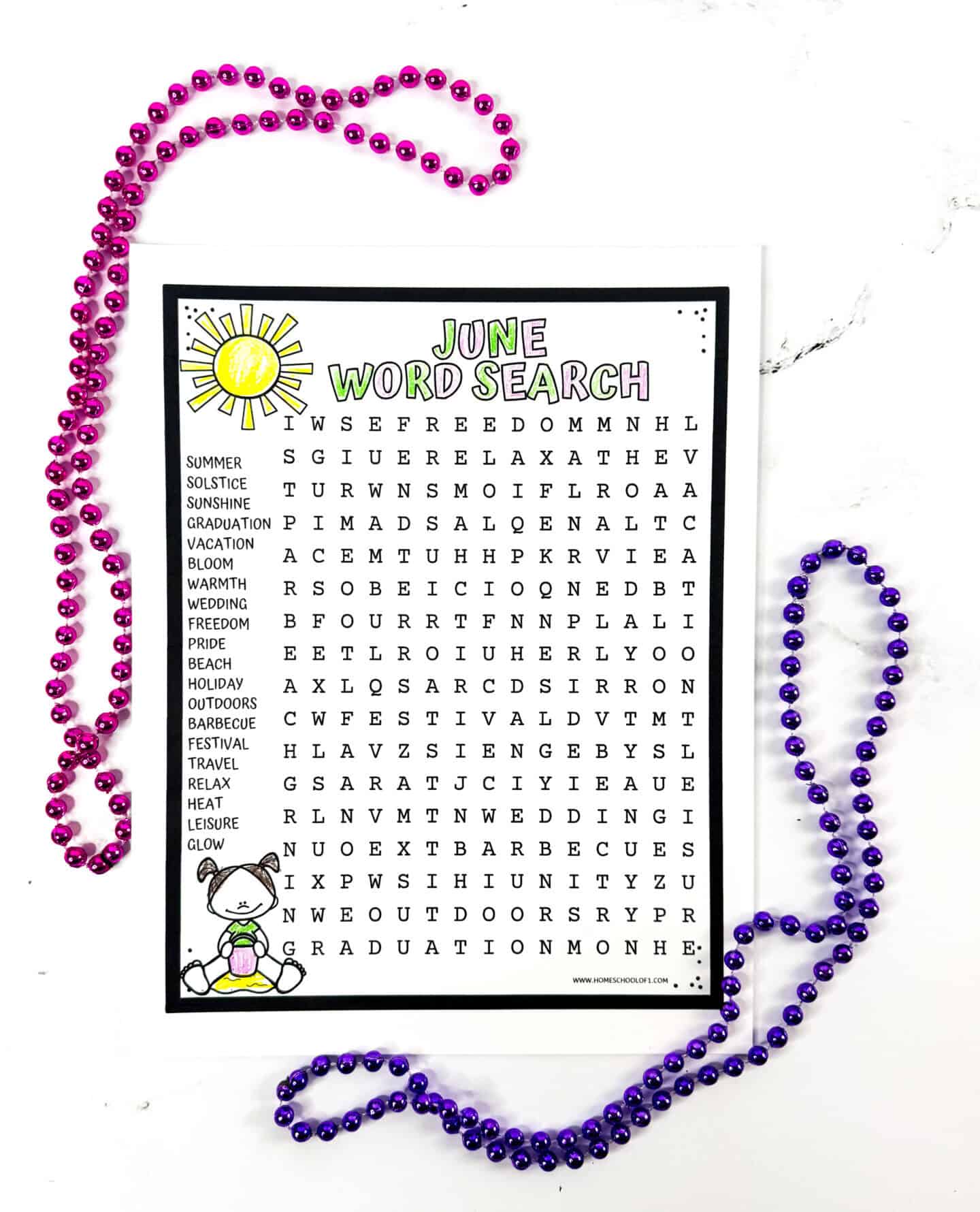 June word search printable for kids with 20 summer words, surrounded by purple and pink bead decorations.