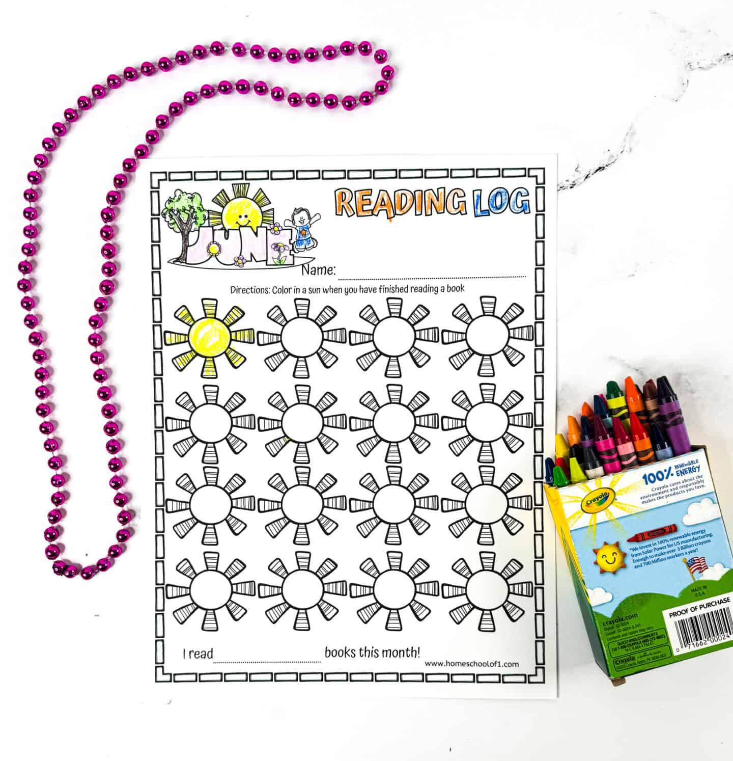 June reading log coloring page with one sun colored; includes name section and Crayola crayons for book-tracking activity.