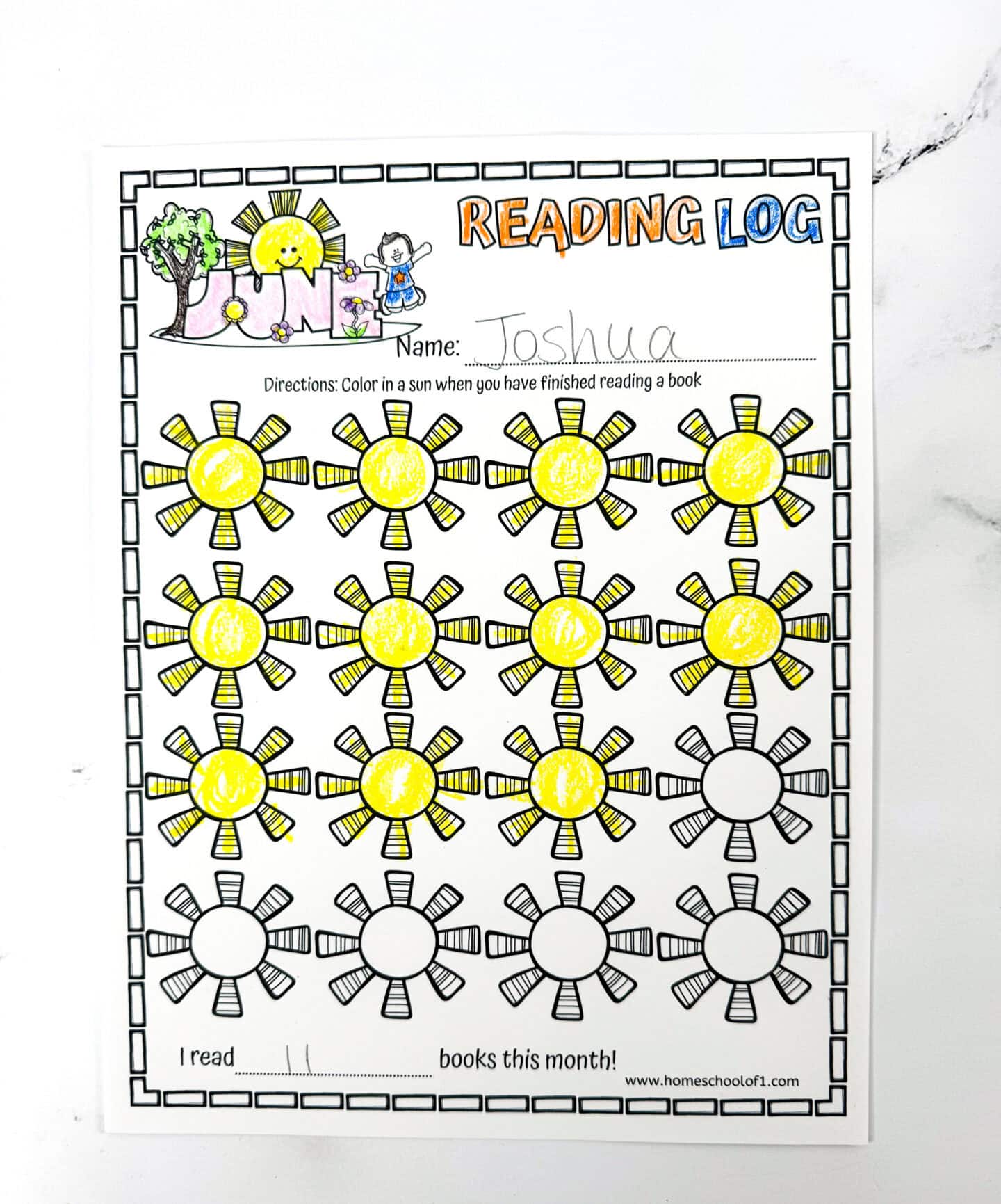 Completed June reading log printable for kids named Joshua with 20 bright yellow sun icons marked for book tracking.