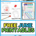 A vertical layout of free June activity printables, featuring a word scramble, Father’s Day handprint craft, Juneteenth word search, color-by-number page reading “Happy Juneteenth,” and a Betsy Ross history coloring sheet. Includes paint supplies and Crayola crayons for a hands-on feel.