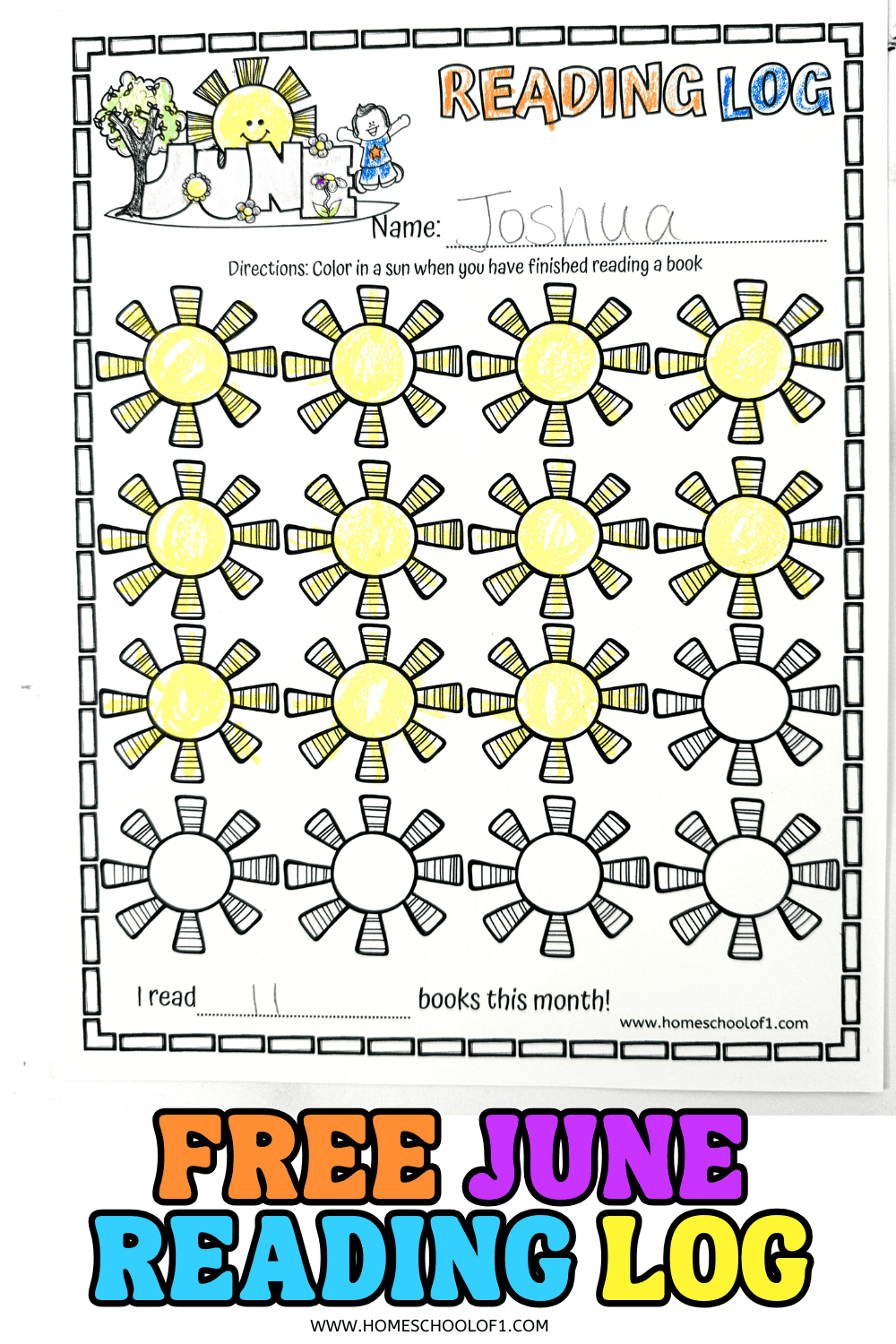 June reading log for kids named Joshua with 18 sun icons colored in, used to track summer reading progress through June.