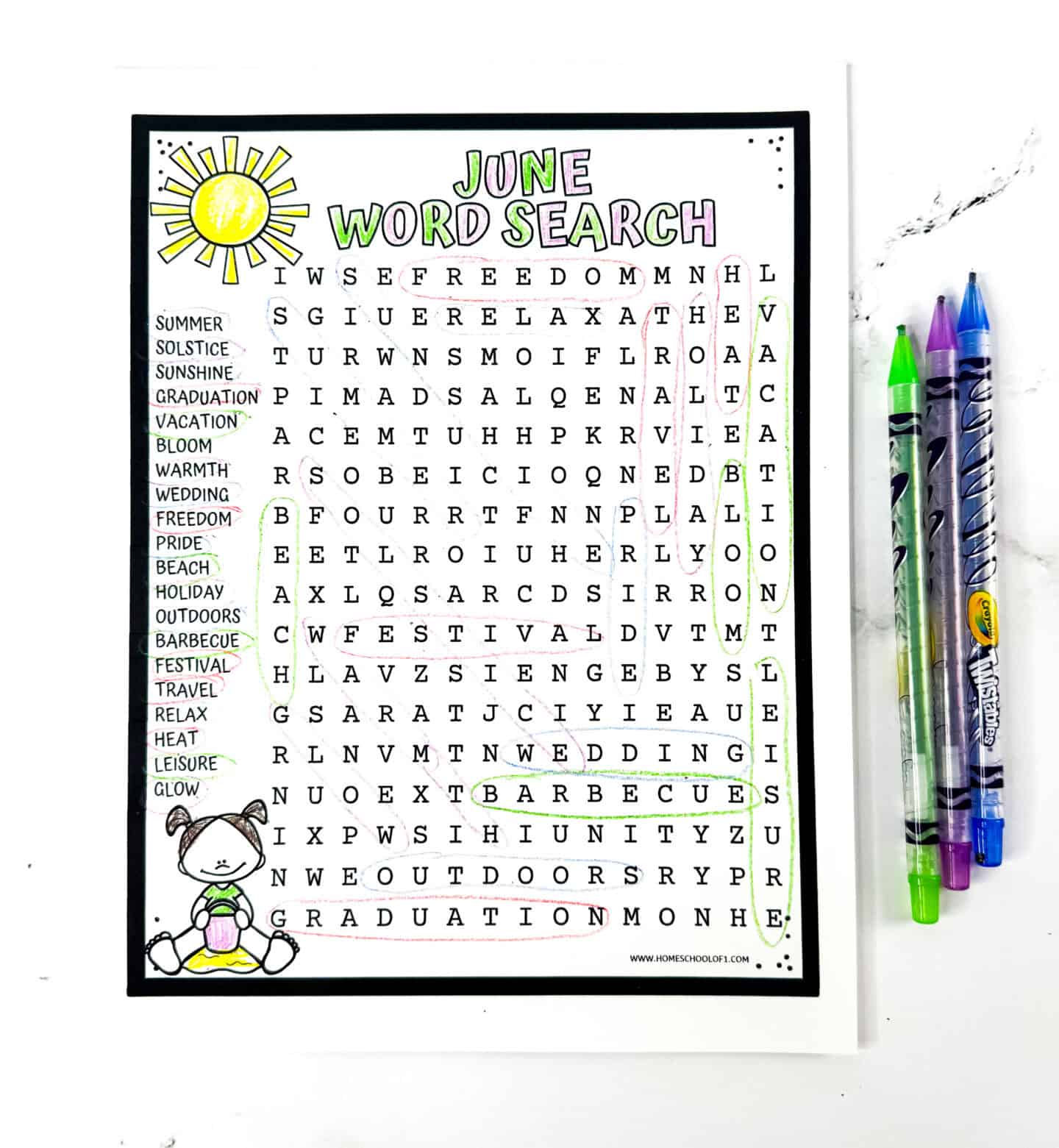Free printable June word search with summer-themed words and answers marked, perfect quiet-time activity for kids.