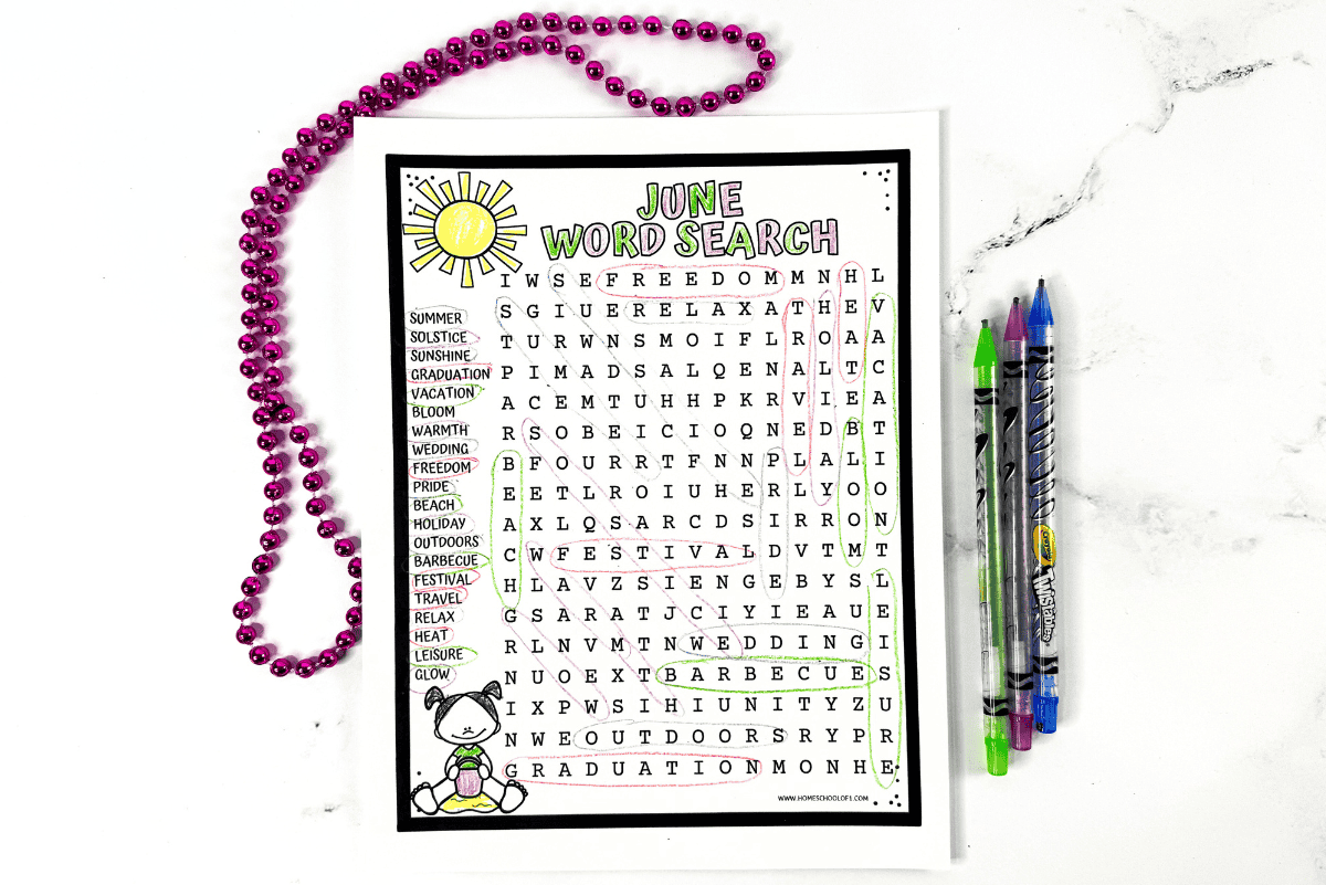 Completed June word search puzzle with words circled and coloring partially done, ideal summer activity for students.