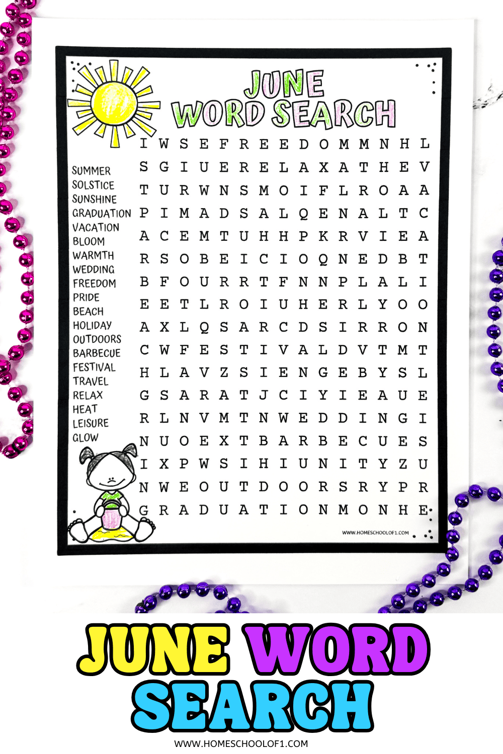 Printable June word search for kids with 20 summer-themed vocabulary words and a fun coloring section.