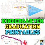 Colorful flat lay of kindergarten graduation printables, including a "Kindergarten Grad" coloring sign, a blue pennant with "Kindergarten Class of 2025 Graduate", printable diplomas, congratulations cards, and a small jar of school supplies like paperclips and binder clips.