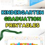 Kindergarten graduation printables displayed on a white surface featuring a decorative diploma labeled "Kindergarten Class of 2025", four "Congratulations Class of 2025 Graduate" mini cards, a "Kindergarten Grad" coloring sheet, and a blue pennant flag, surrounded by bright green bead necklaces.