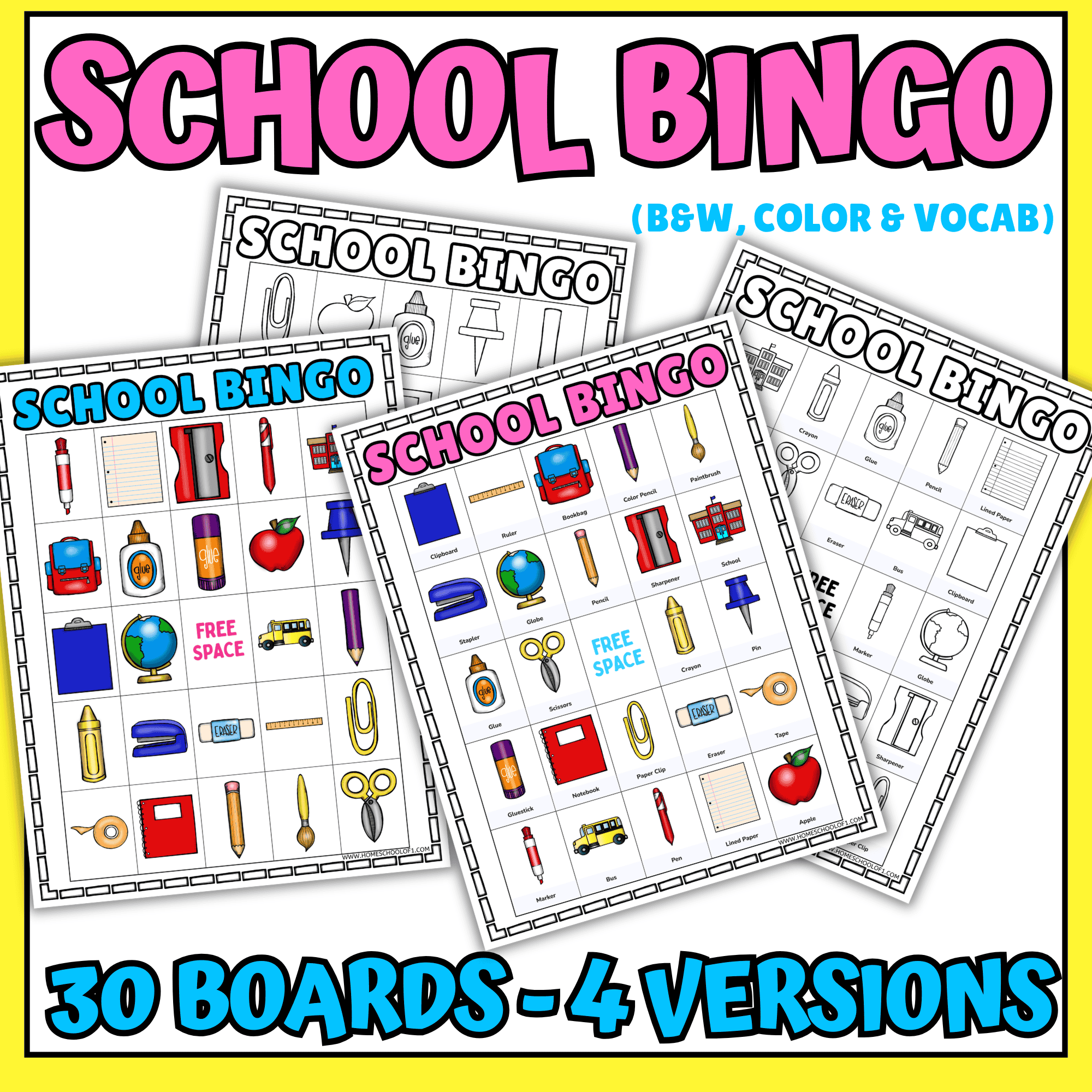 School bingo printable game with 30 boards in color, black-and-white, and vocabulary versions for kids classroom activities and school parties