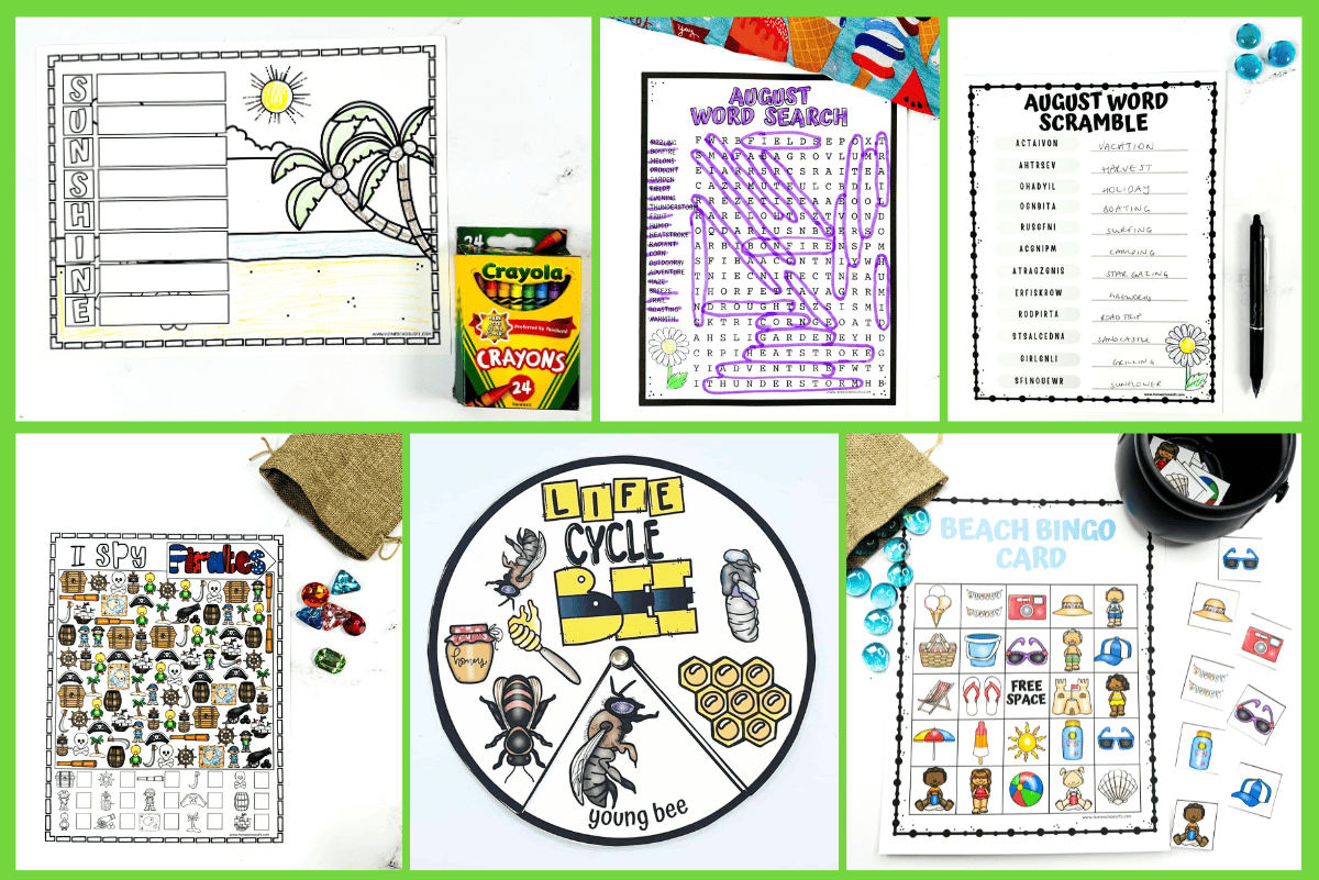 Neatly arranged collage of August-themed worksheets including the water cycle, beach bingo, I Spy, and coloring activities.