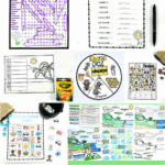 Collage of August-themed educational printables for kids, including word puzzles, coloring pages, life cycle activities, and beach bingo.