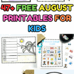 Bright collage of August activities for kids including coloring pages, bingo, word puzzles, and themed I Spy games.