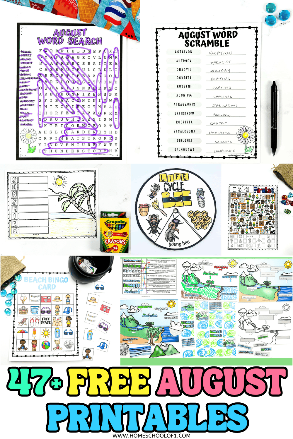 Collage of August-themed educational printables for kids, including word puzzles, coloring pages, life cycle activities, and beach bingo.