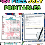 Free July printables for kids including patriotic memory game, word scramble, moon phases worksheet, word search, counting to 10 with ice cream, and zoo I Spy.