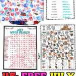 Collage of July-themed kids’ printables featuring a red, white, and blue memory game, July word scramble and word search, and zoo animals I Spy activity.