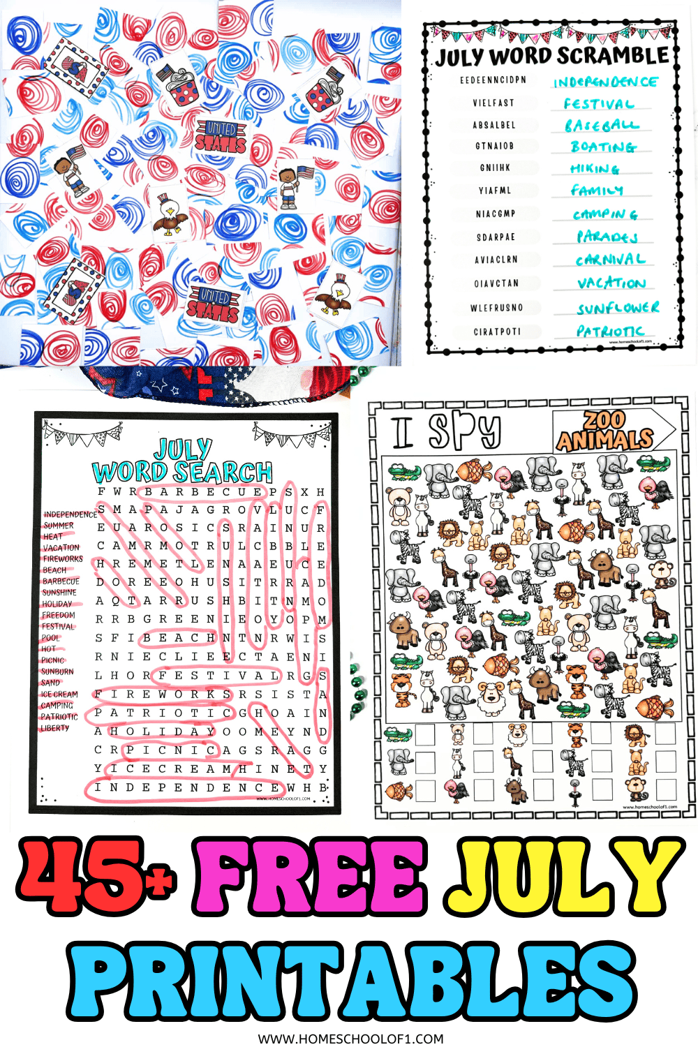 Collage of July-themed kids’ printables featuring a red, white, and blue memory game, July word scramble and word search, and zoo animals I Spy activity.

