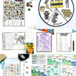 August printables collage featuring pirate I Spy, bee life cycle spinner, beach bingo, and word search on a red background.