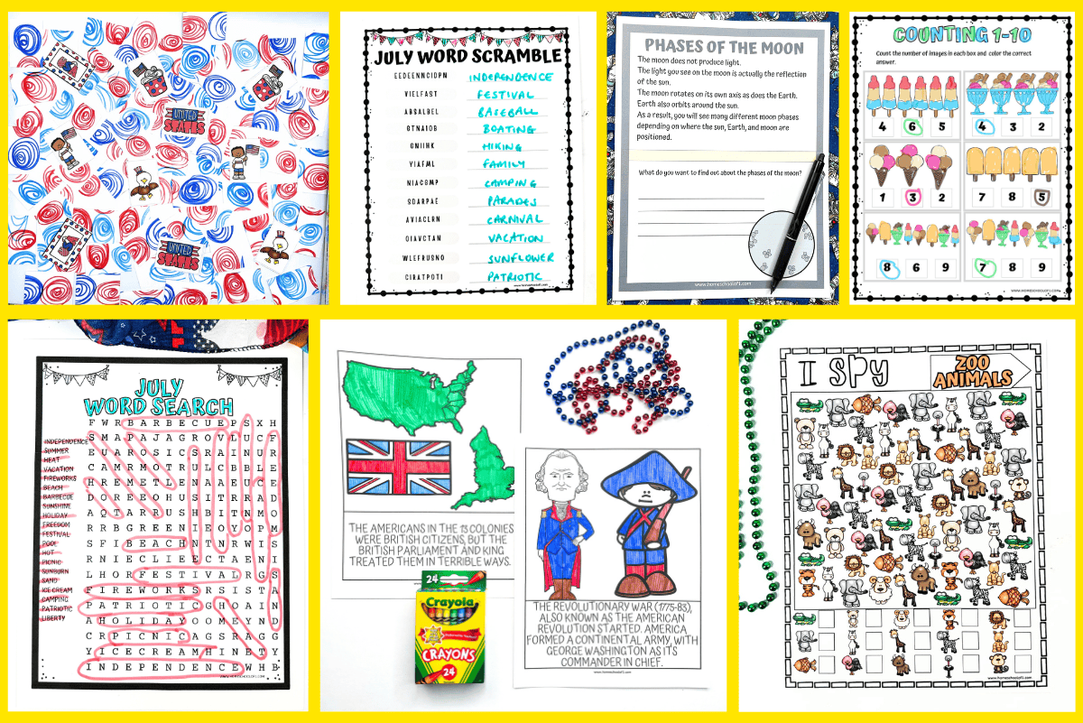 Collage of July printables for kids including word scramble, moon phases worksheet, ice cream counting activity, patriotic coloring pages, zoo I Spy, and word search.