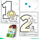 Printable number 1 and 2 coloring pages with lion and swans for preschool and kindergarten counting practice.