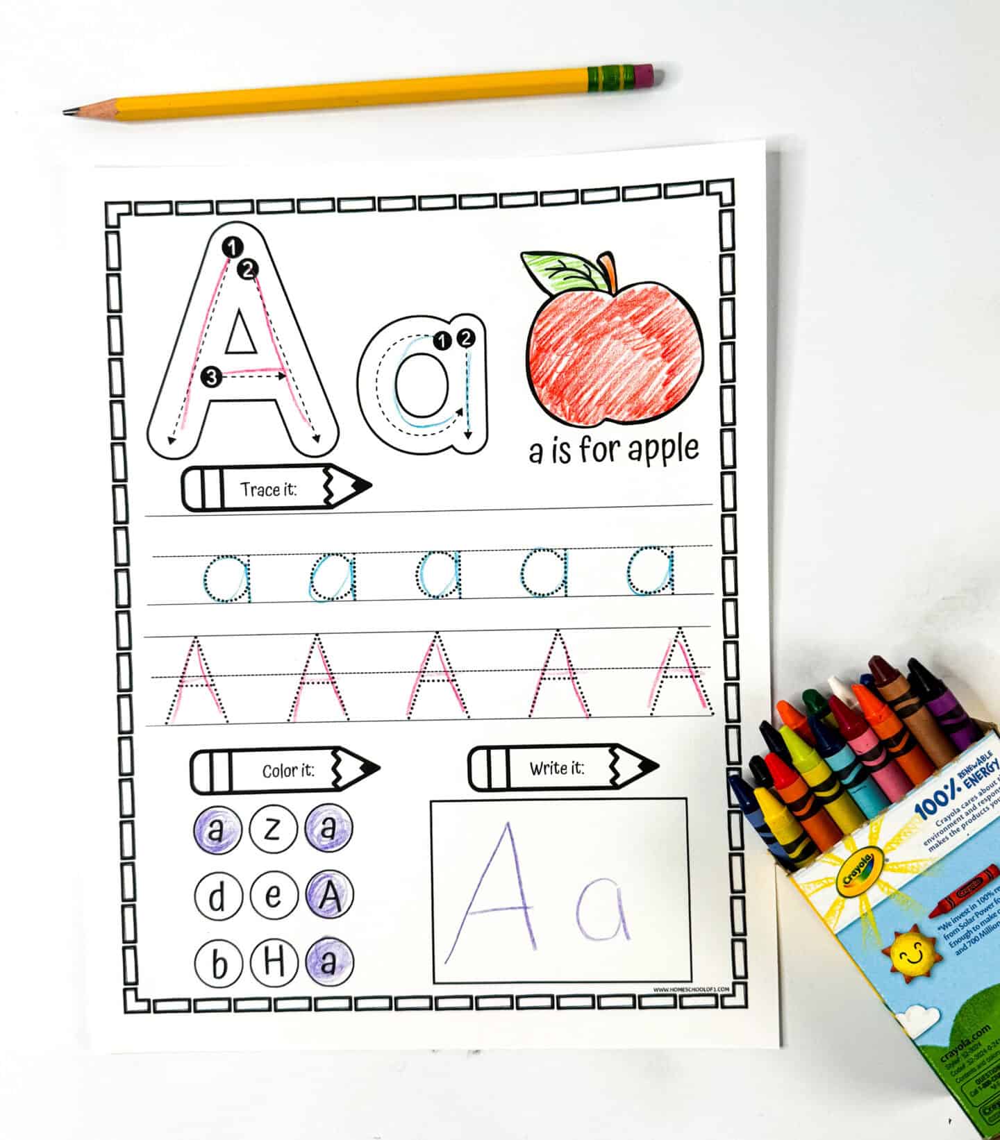 Letter A tracing worksheet featuring an apple illustration, guided tracing practice, letter coloring section, and writing box.