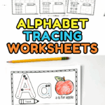 A collage of letter tracing worksheets for A, D, J, Z, T, and O, showing tracing lines, coloring sections, and themed images.
