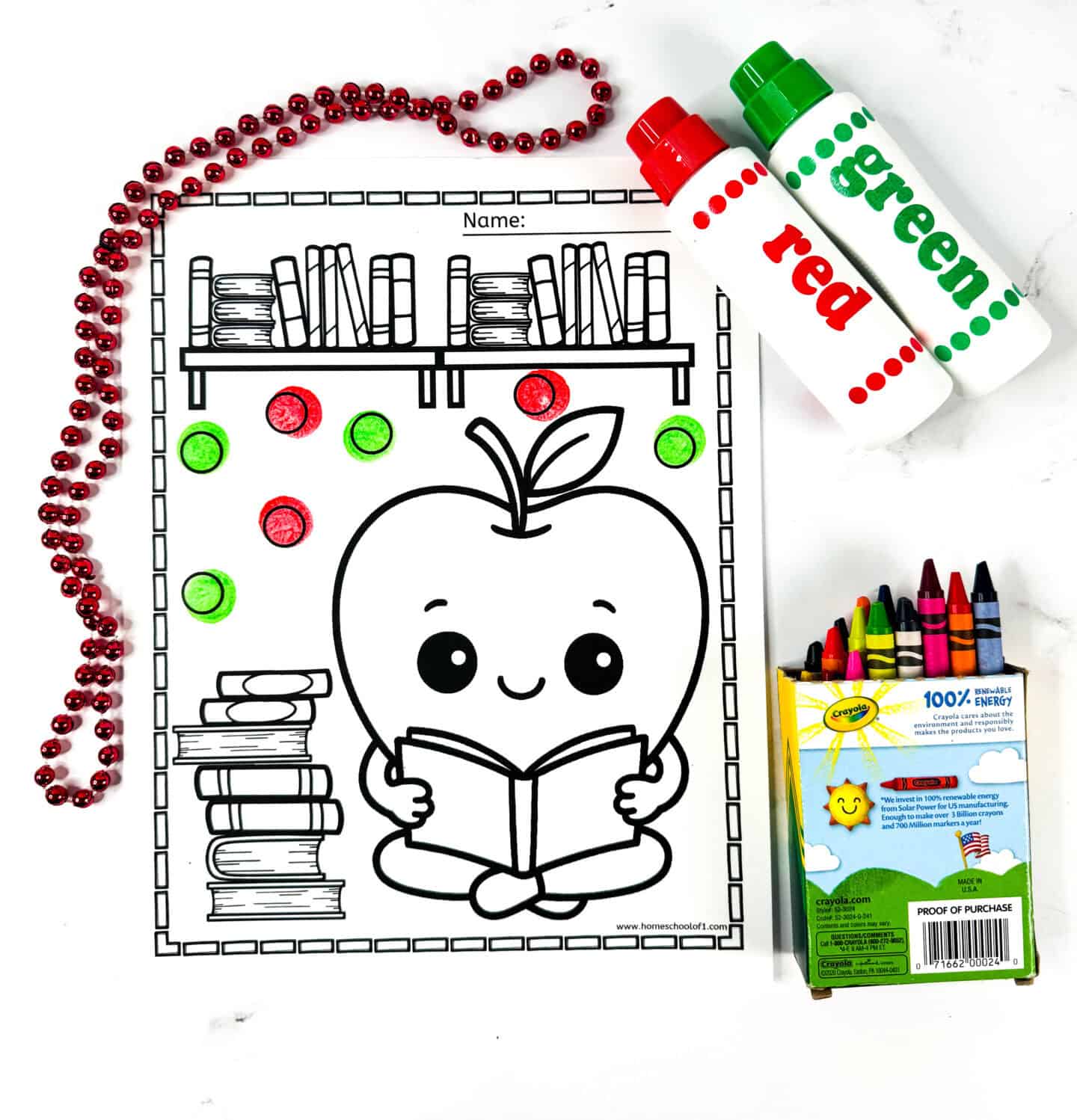Black-and-white apple coloring page showing a kawaii-style apple sitting and reading a book, surrounded by bookshelves and colorful red and green dot marker circles in the background.