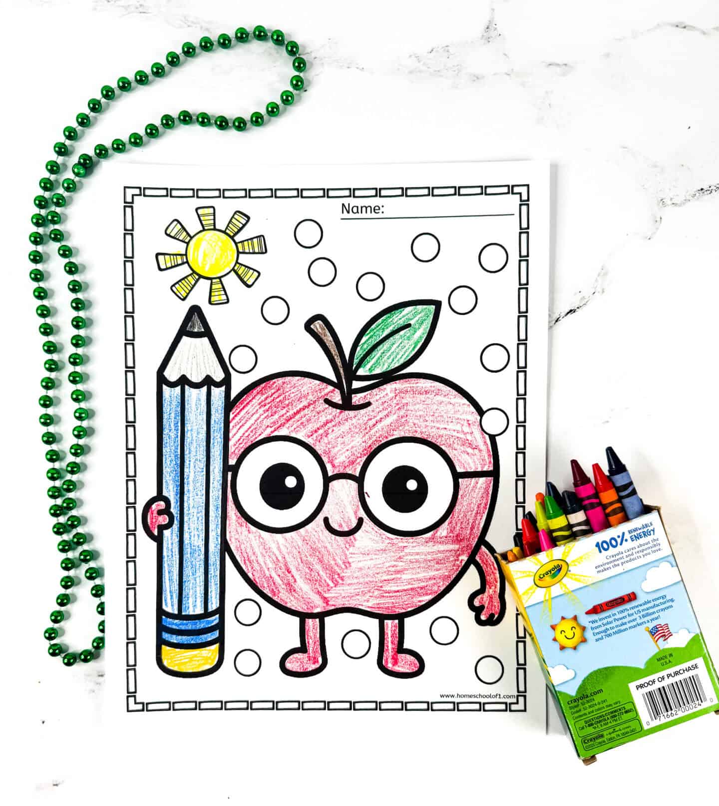 Printable apple coloring sheet of a happy apple character wearing glasses and holding a large pencil, with a background of outlined dots ready for dot markers or coloring.