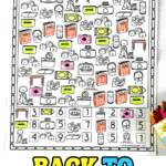 Black-and-white Back to School I Spy printable worksheet partially colored in with crayons, featuring school supplies like pencils, glue, books, and more.
