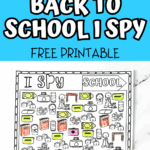 Free printable Back to School I Spy worksheet filled with classroom objects, partially colored with crayons.