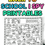 Three versions of a Back to School I Spy worksheet displayed—black-and-white, colored, and a blank version—surrounded by crayons.