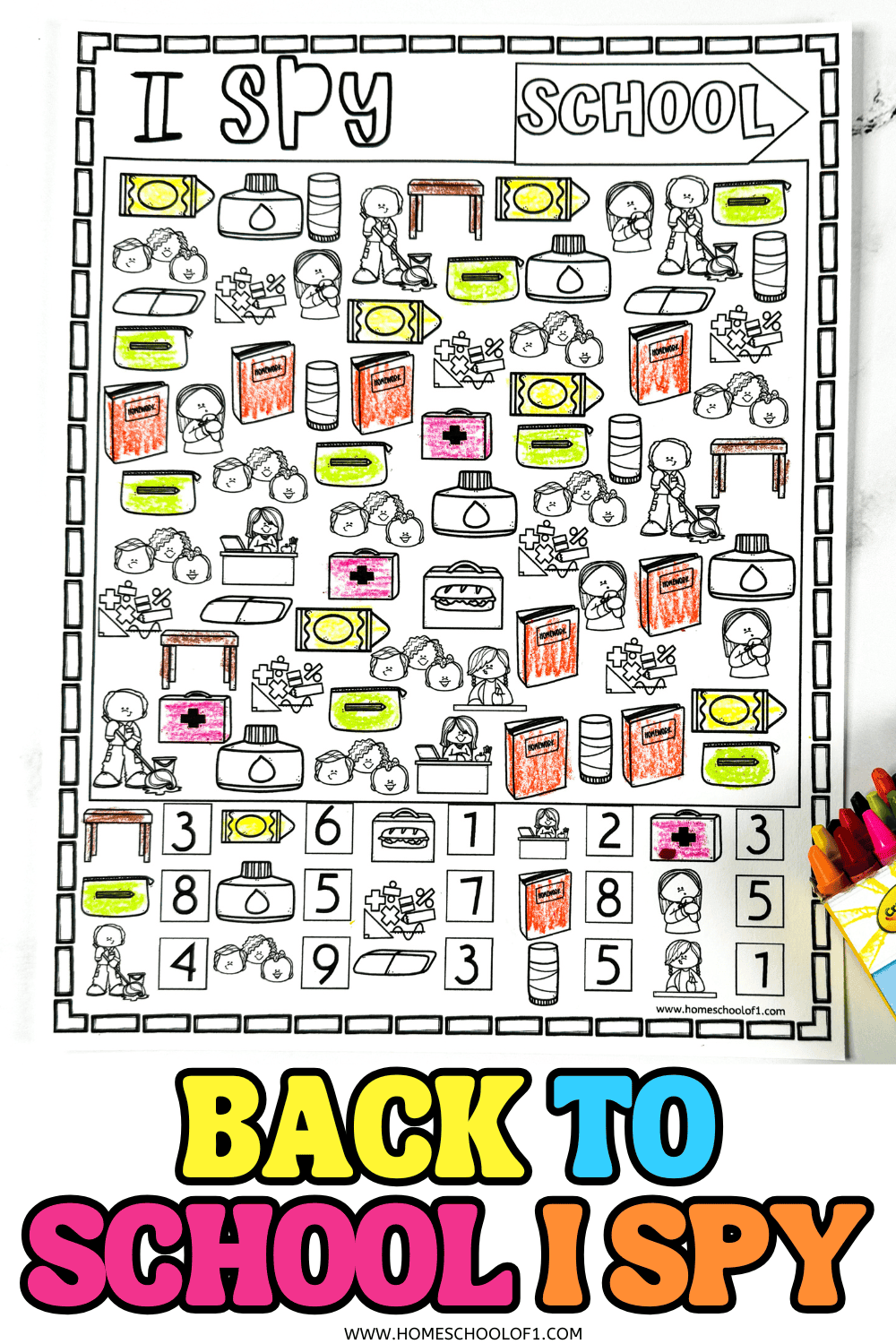 Black-and-white Back to School I Spy printable worksheet partially colored in with crayons, featuring school supplies like pencils, glue, books, and more.

