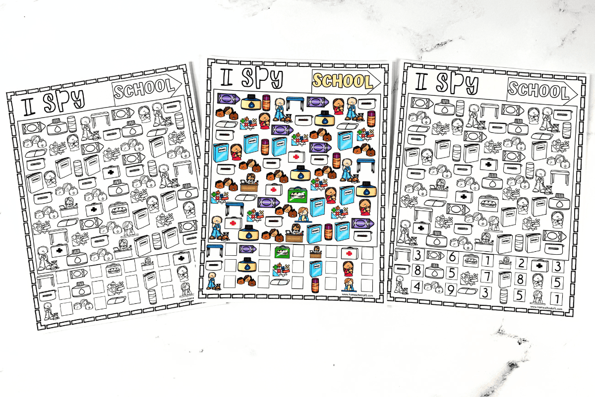 Three versions of a Back to School I Spy printable worksheet laid out on a white surface, showing black-and-white, full-color, and answer key formats with school-themed illustrations for kids to count and identify.