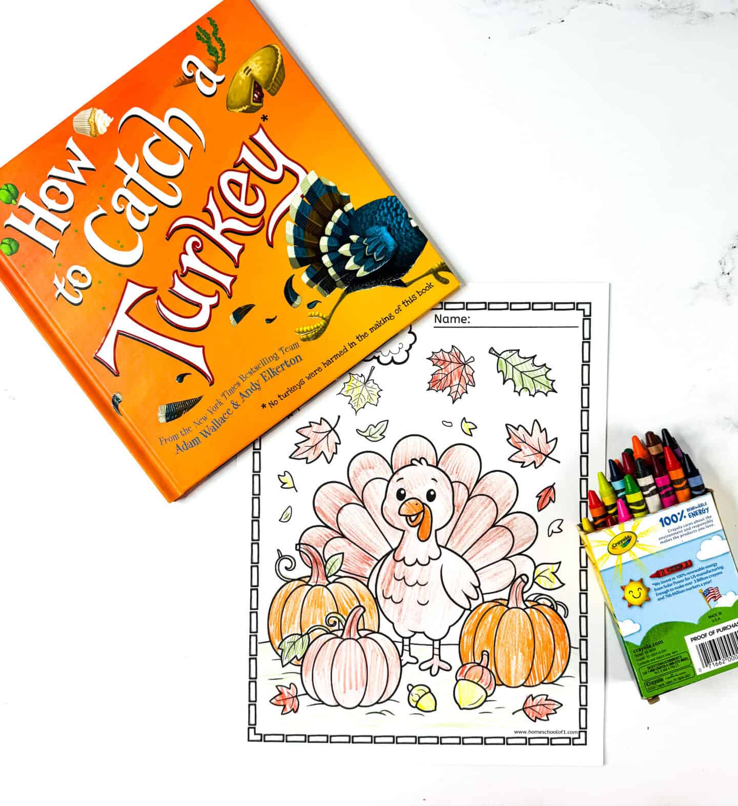 Turkey coloring page with pumpkins and fall leaves, shown with the book "How to Catch a Turkey" and a pack of crayons.