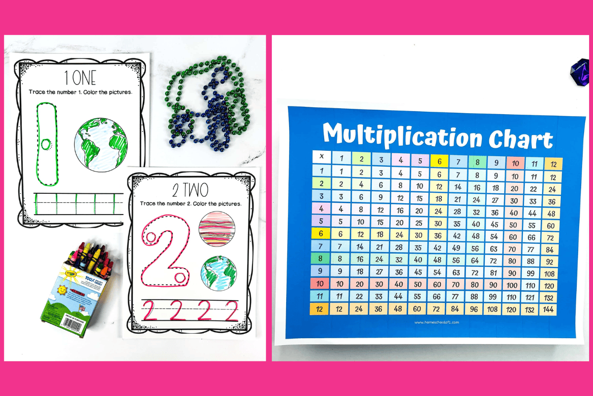 Planet-themed number tracing worksheets for young learners and colorful multiplication chart printable 1–12 for kids.