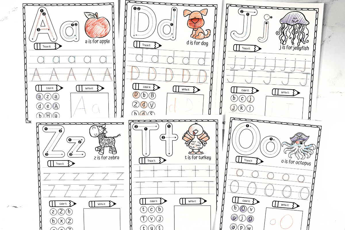 Six alphabet tracing worksheets for preschoolers featuring letters A, D, J, Z, T, and O with images and tracing practice.