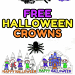 Printable Halloween crowns colored and assembled with black and purple bead necklaces, a toy spider, and crown templates laid out for crafting.