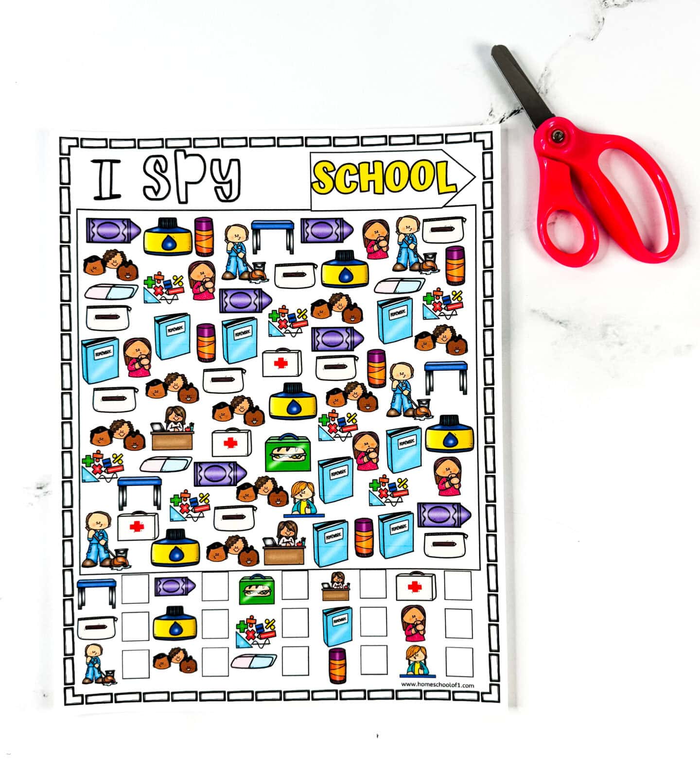 Full-color free I Spy School printable worksheet on a white background with red safety scissors, featuring bright illustrations of school supplies. Perfect for first week of school center activities.